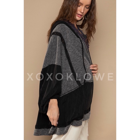 POL Black & Gray Zip Up Hoodie Lace Trim Oversized Slouchy Fit - Picture 8 of 11